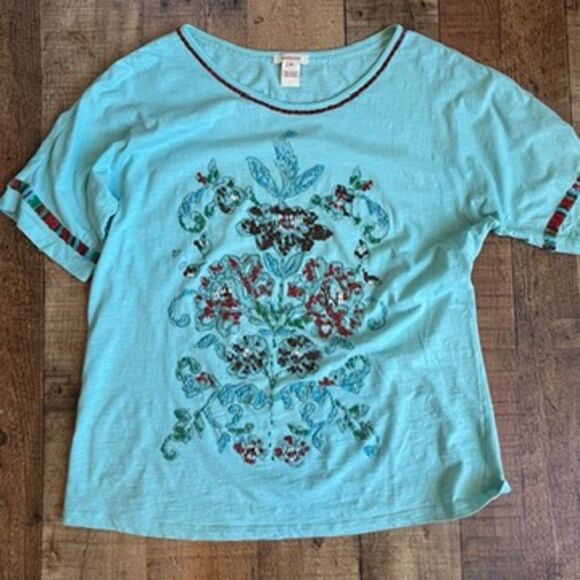 Sundance Beaded Turquoise Boxy T-Shirt Medium Cotton Short Sleeves - Picture 6 of 6
